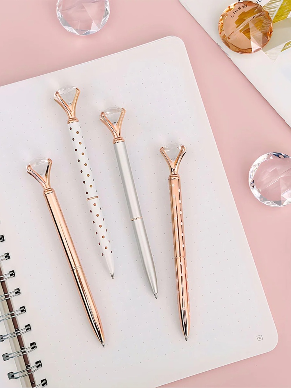 Diamond Top Ballpoint Pens - Rose Gold & Silver set of 4 with 8 ink refills NWT